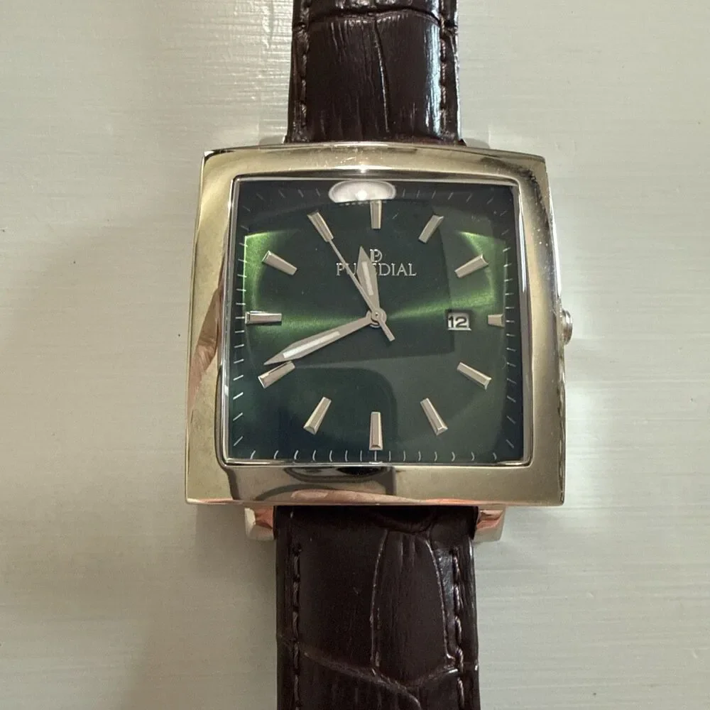 Puredial Square Legacy 1860s Style Mens Stainless Steel Watch Brown Leather Band